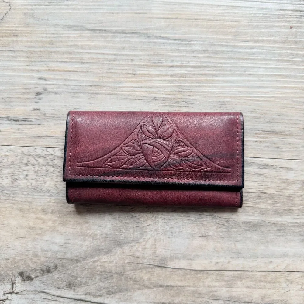 Vintage Rolfs Cowhide Genuine Leather Burgundy Key Holder Wallet Organize Floral